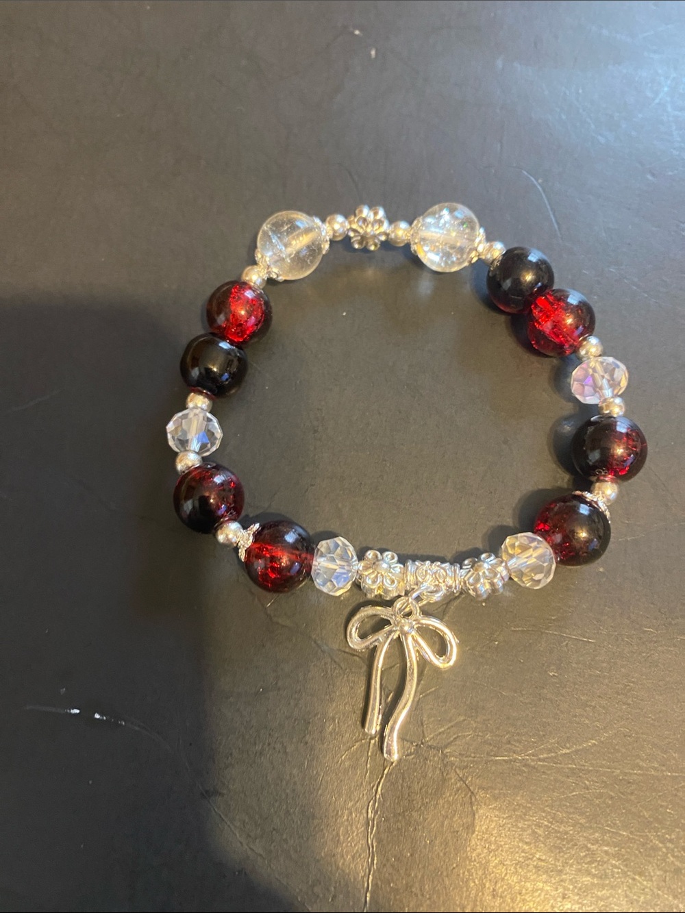 Bow Charm Red and Clear Beaded Stretch Bracelet